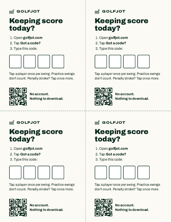 A Letter sheet of four tee cards. Each says Keeping score today?, gives three steps (open golfjot.com, tap Got a code?, type this code), has four empty boxes for the code, and a QR code to golfjot.com.